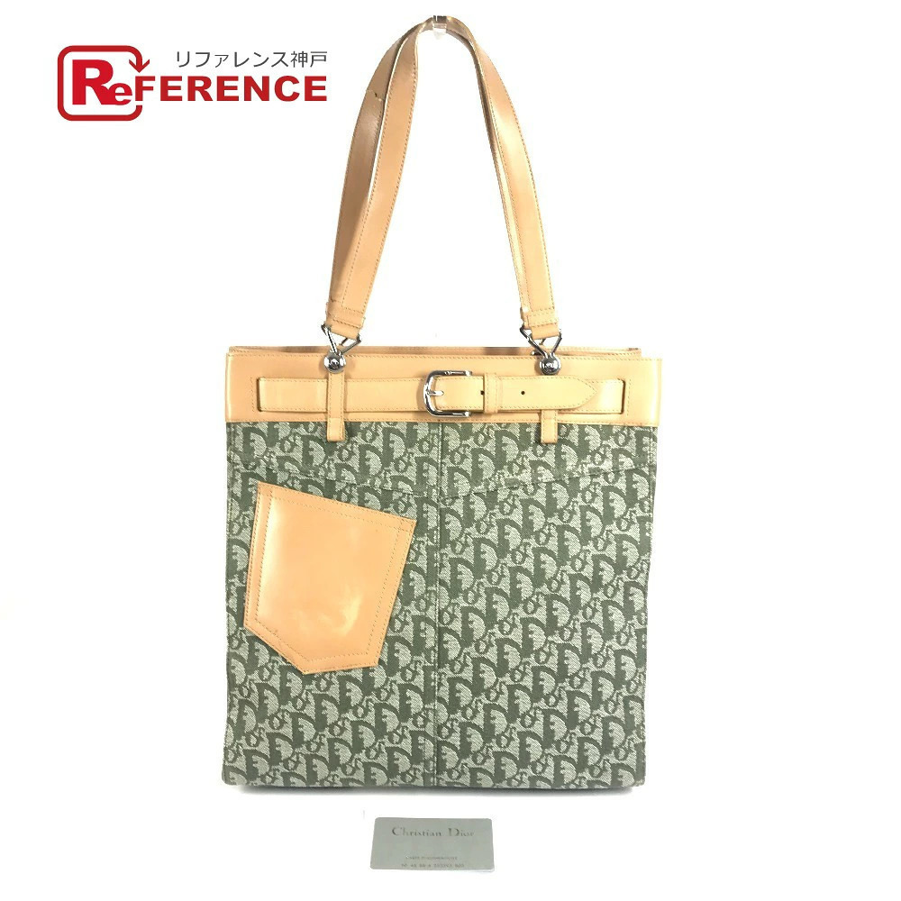 Christian Dior Trotter Bag Shoulder Tote Leather Canvas Khaki Green